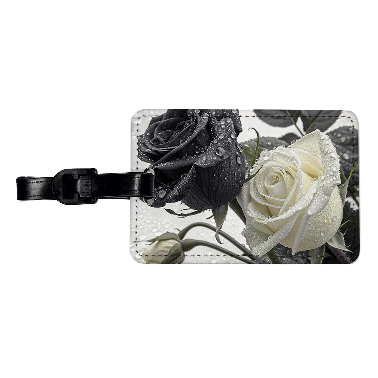 Black White Roses Dewy Travel Faux Leather Luggage Tag
