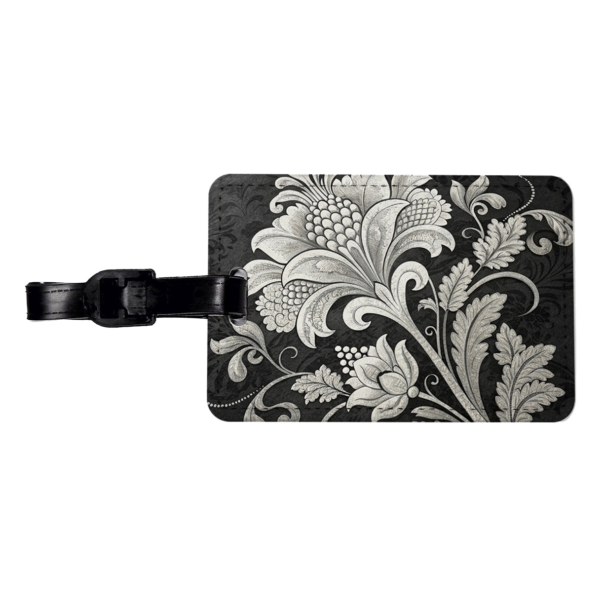 White Damask On Black Travel Faux Leather Luggage Tag