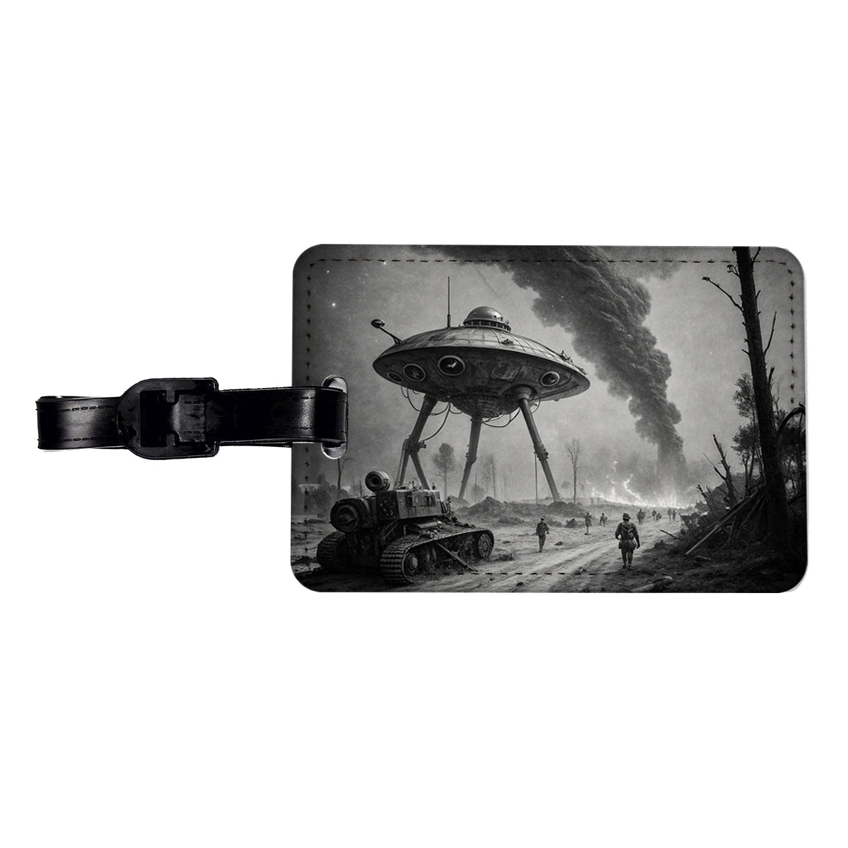 Martian Alien Invasion Tripod War Machine Retro Black and White Travel Faux Leather Luggage Tag