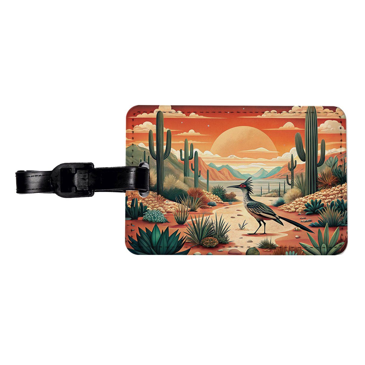 Southwestern Desert Sunrise Roadrunner Design Travel Faux Leather Luggage Tag