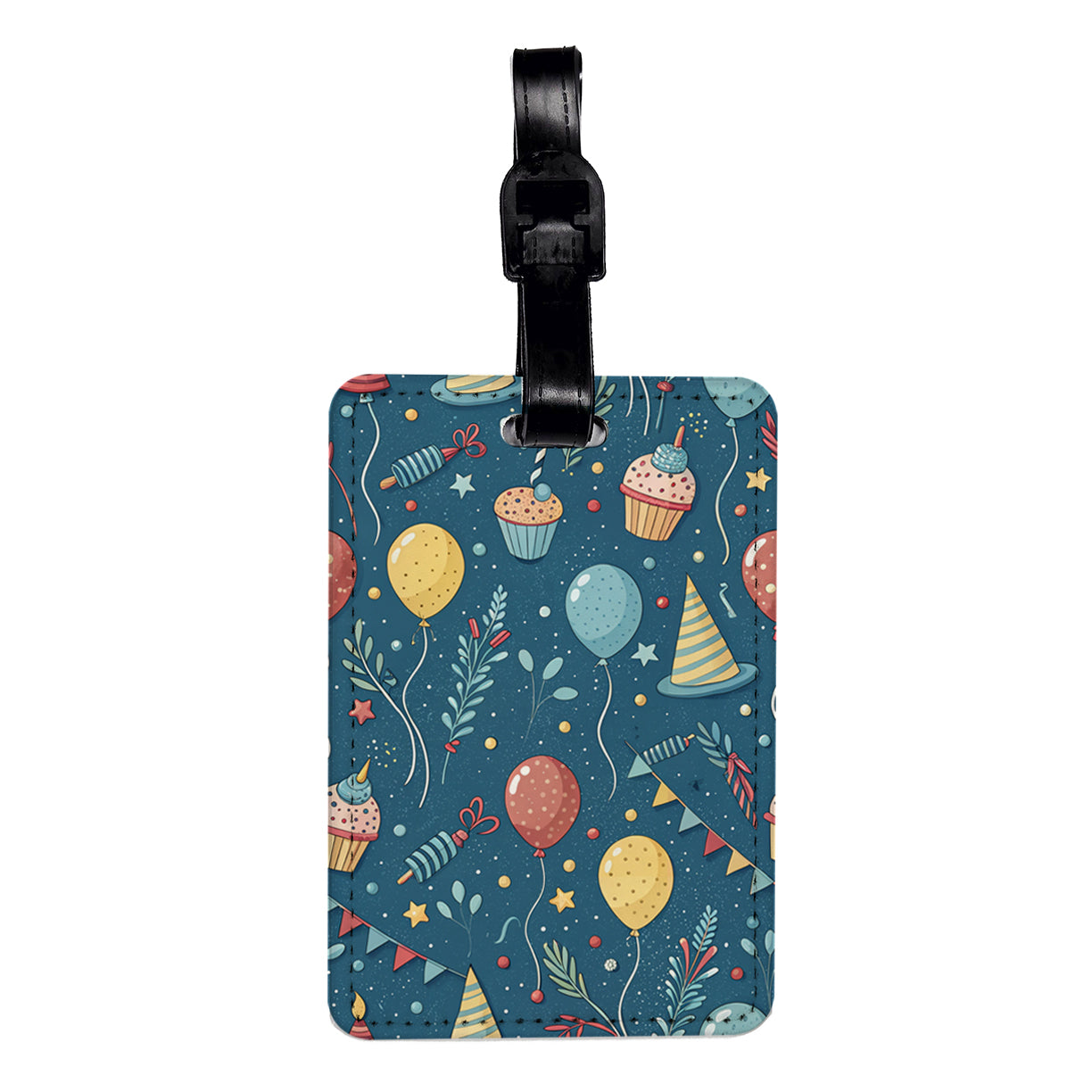 Blue Birthday Background Balloons Hats Cupcakes Travel Faux Leather Luggage Tag