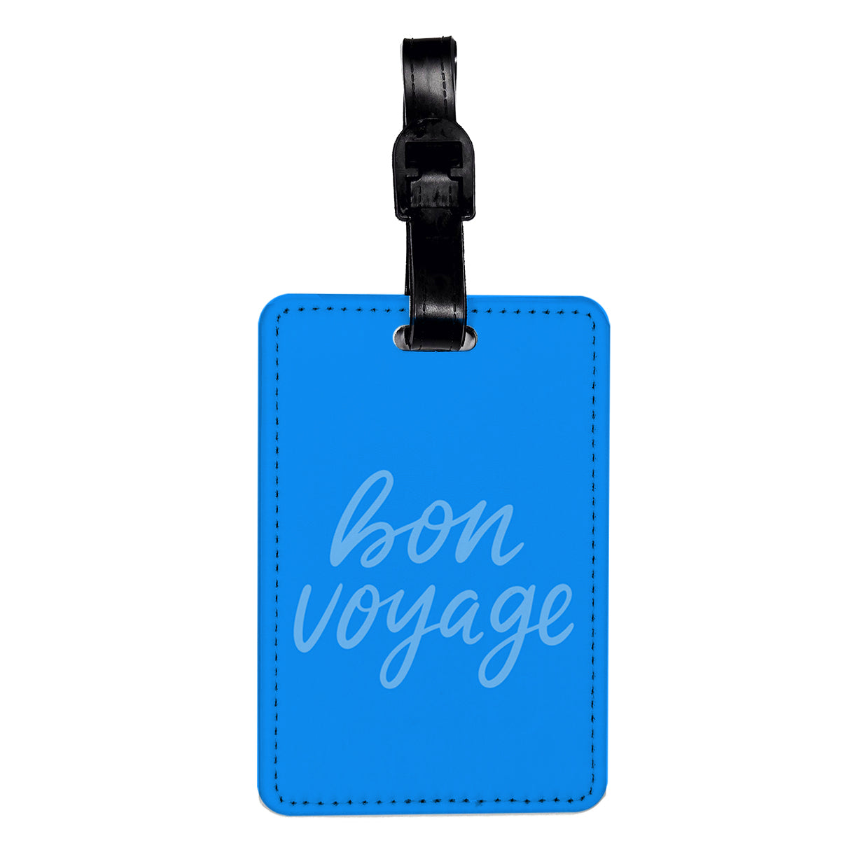 Bon Voyage Blue Script Travel Faux Leather Luggage Tag