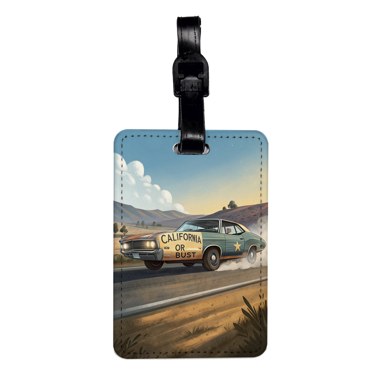 California Or Bust Retro Car Travel Faux Leather Luggage Tag