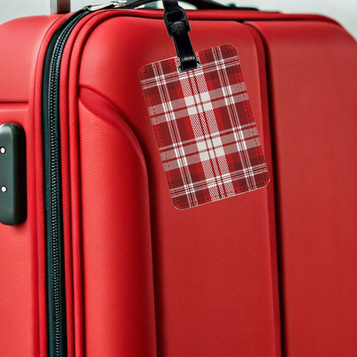 Red Plaid Background Travel Faux Leather Luggage Tag