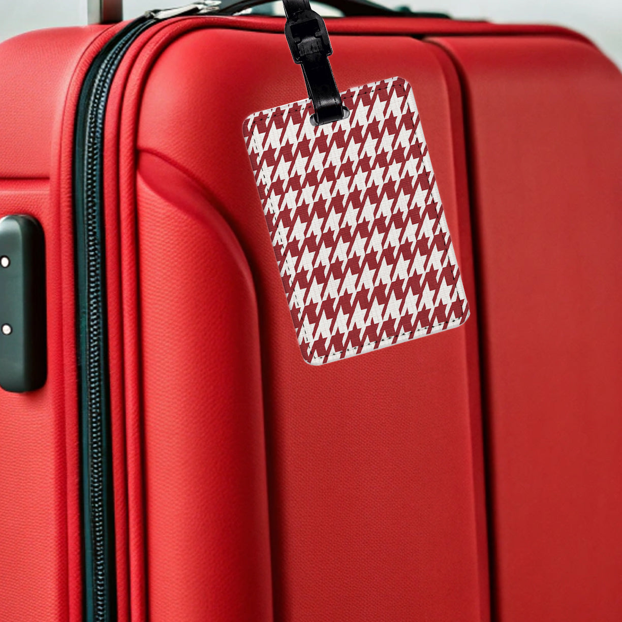 Red White Houndstooth Travel Faux Leather Luggage Tag