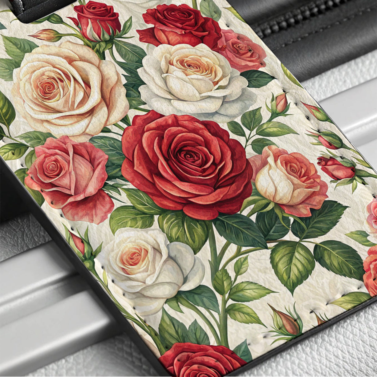 Roses Red White Cream Travel Faux Leather Luggage Tag