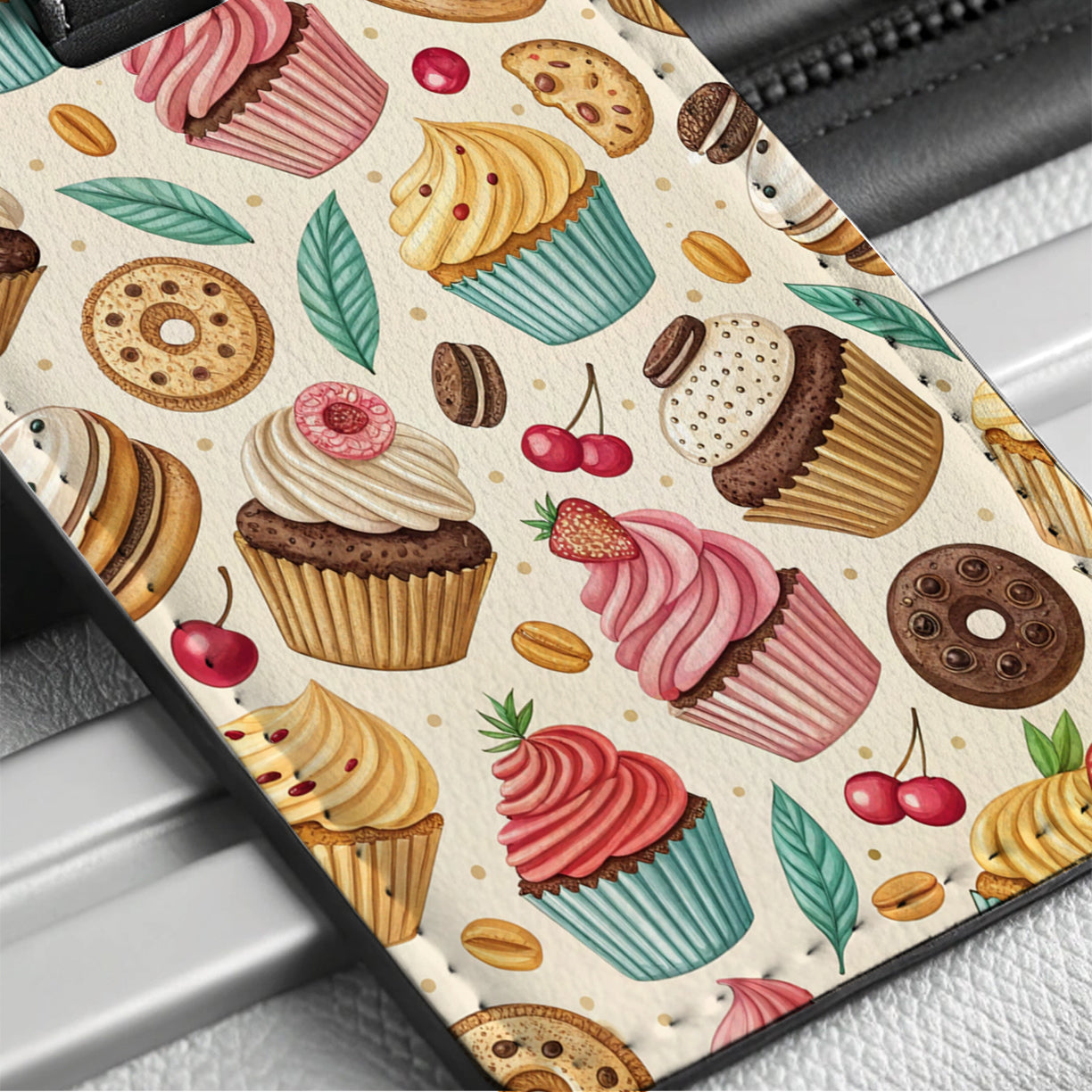 Sweet Desserts Cupcakes Cookies Background Travel Faux Leather Luggage Tag