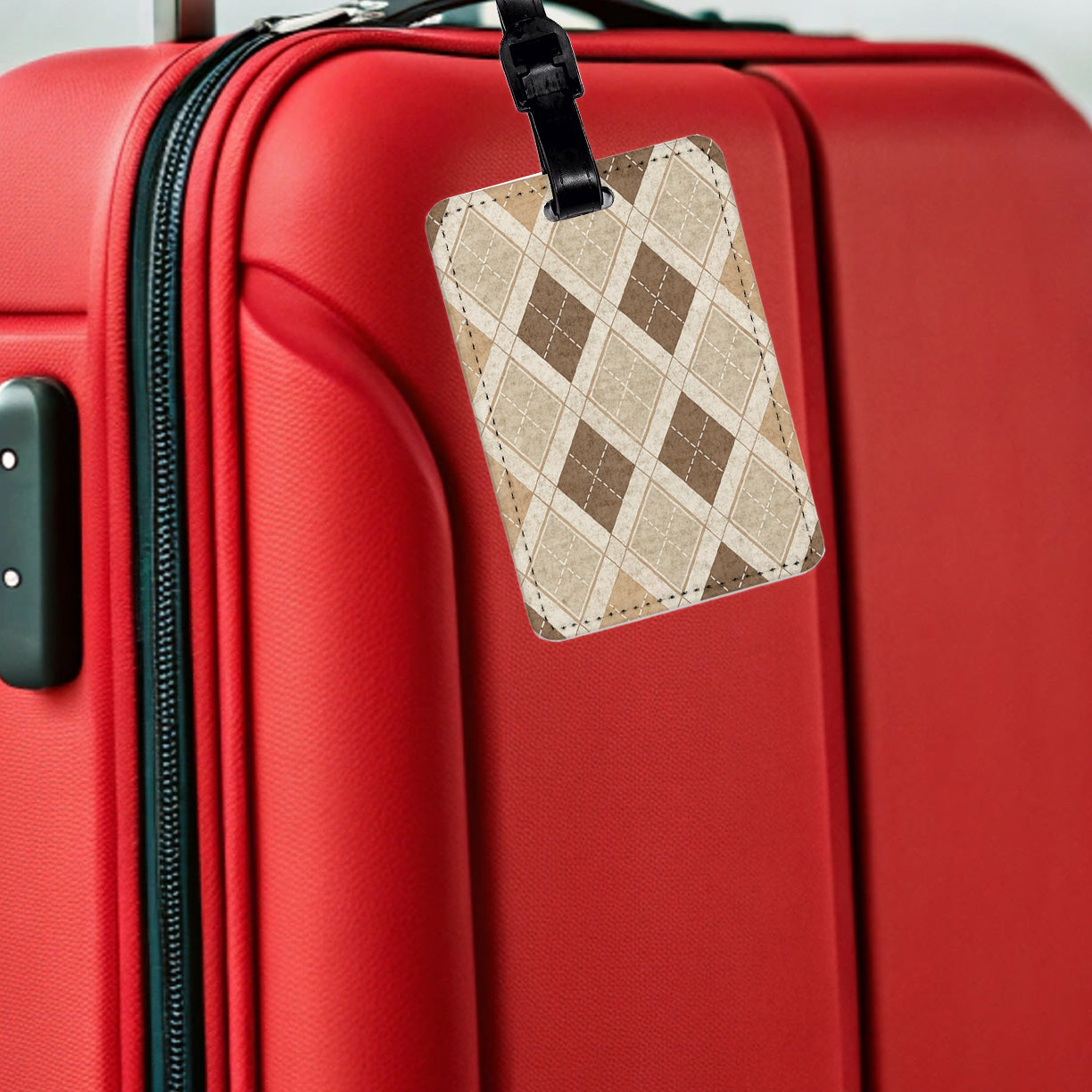 Tan Argyle Background Travel Faux Leather Luggage Tag