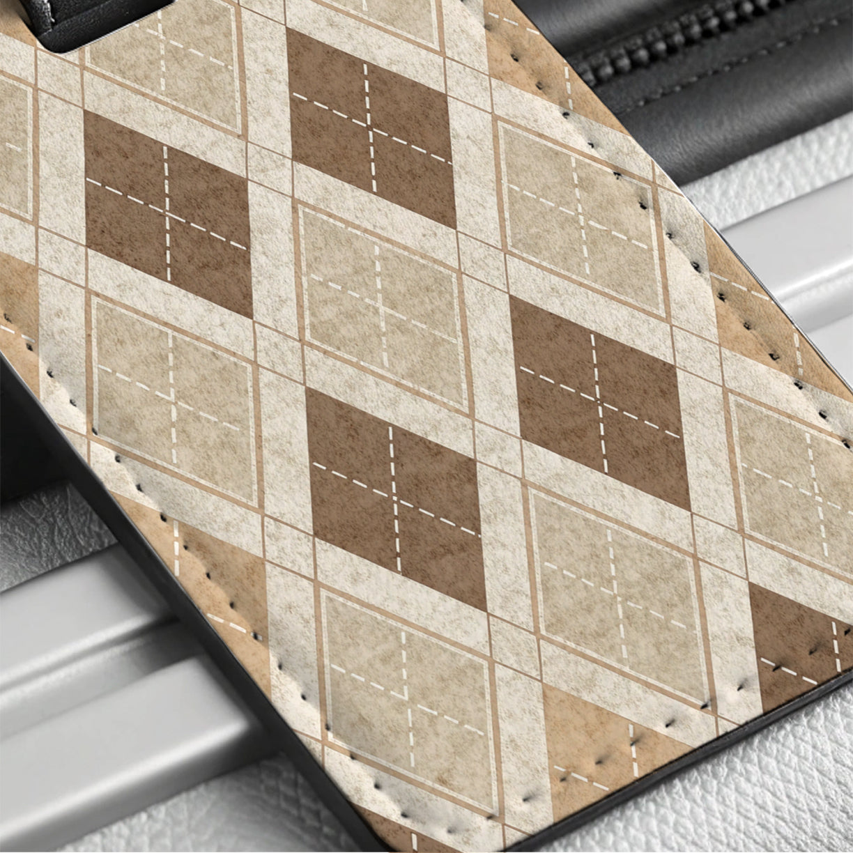Tan Argyle Background Travel Faux Leather Luggage Tag