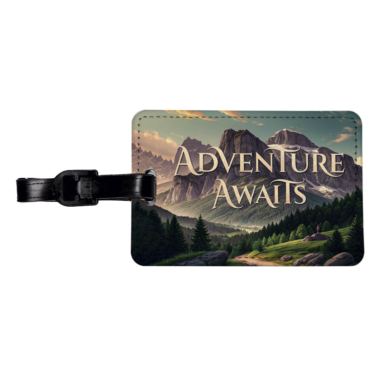 Adventure Awaits Mountains Hiking Camping Travel Faux Leather Luggage Tag