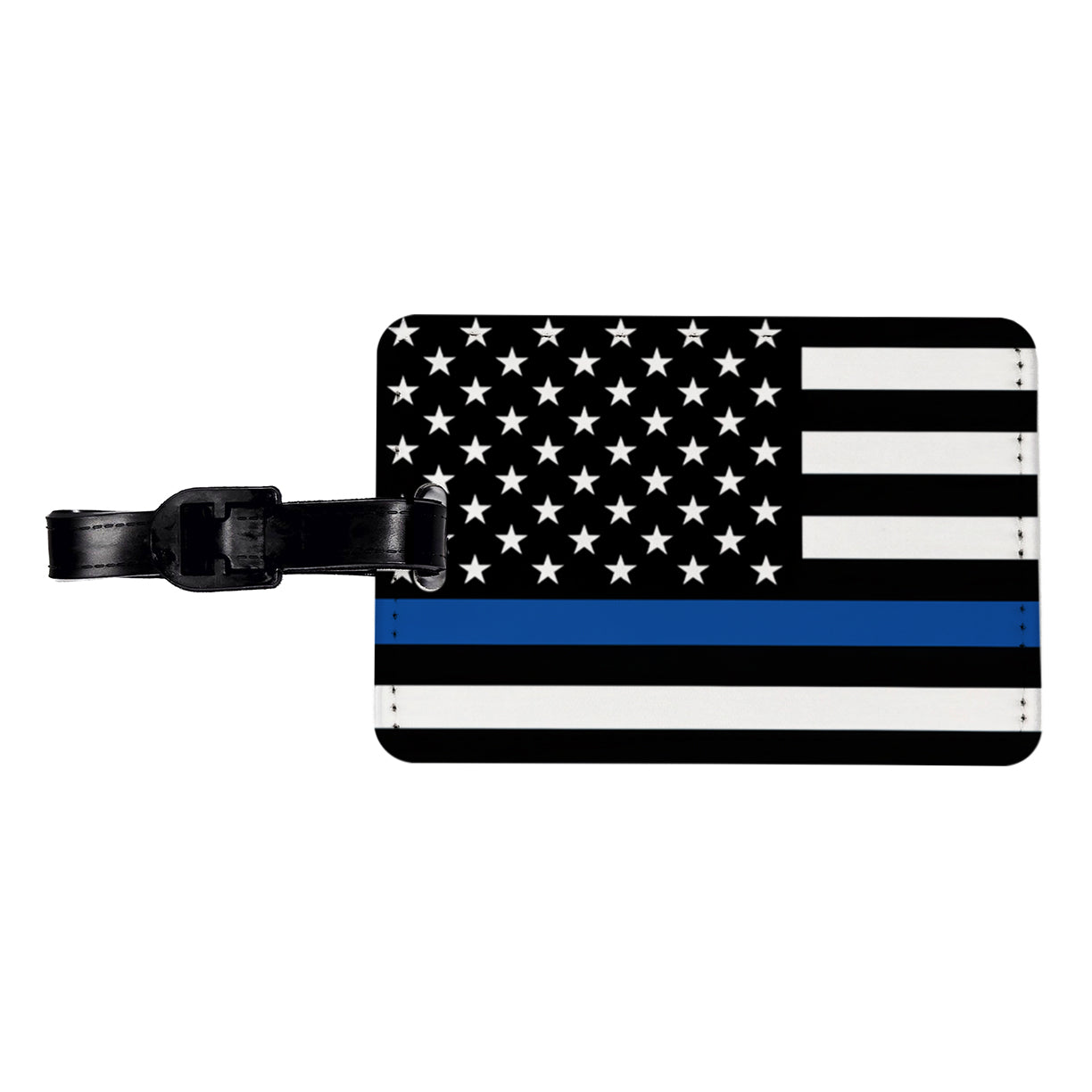 Black and White Thin Blue Line Police American Flag Travel Faux Leather Luggage Tag