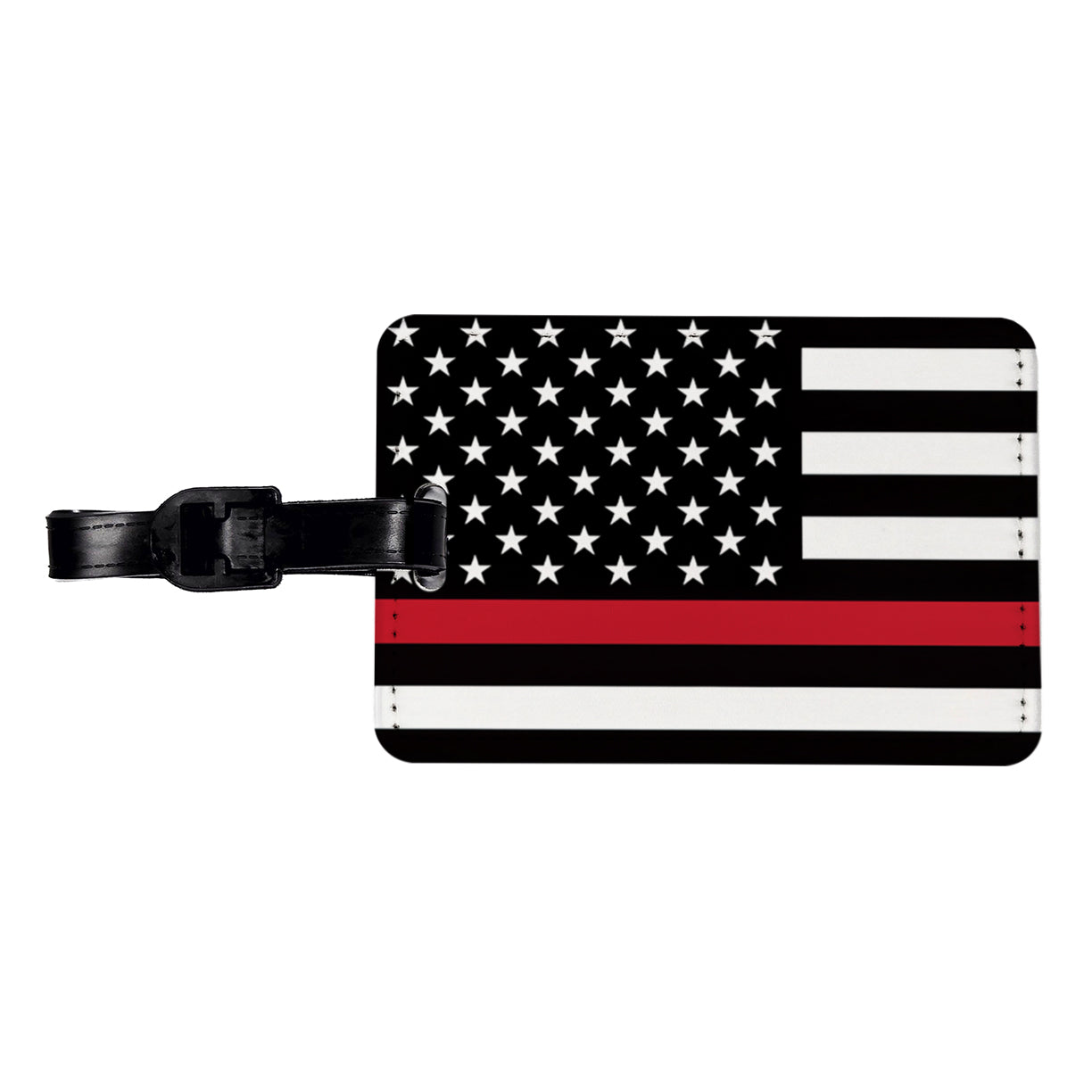 Black and White Thin Red Line Firefighter American Flag Travel Faux Leather Luggage Tag