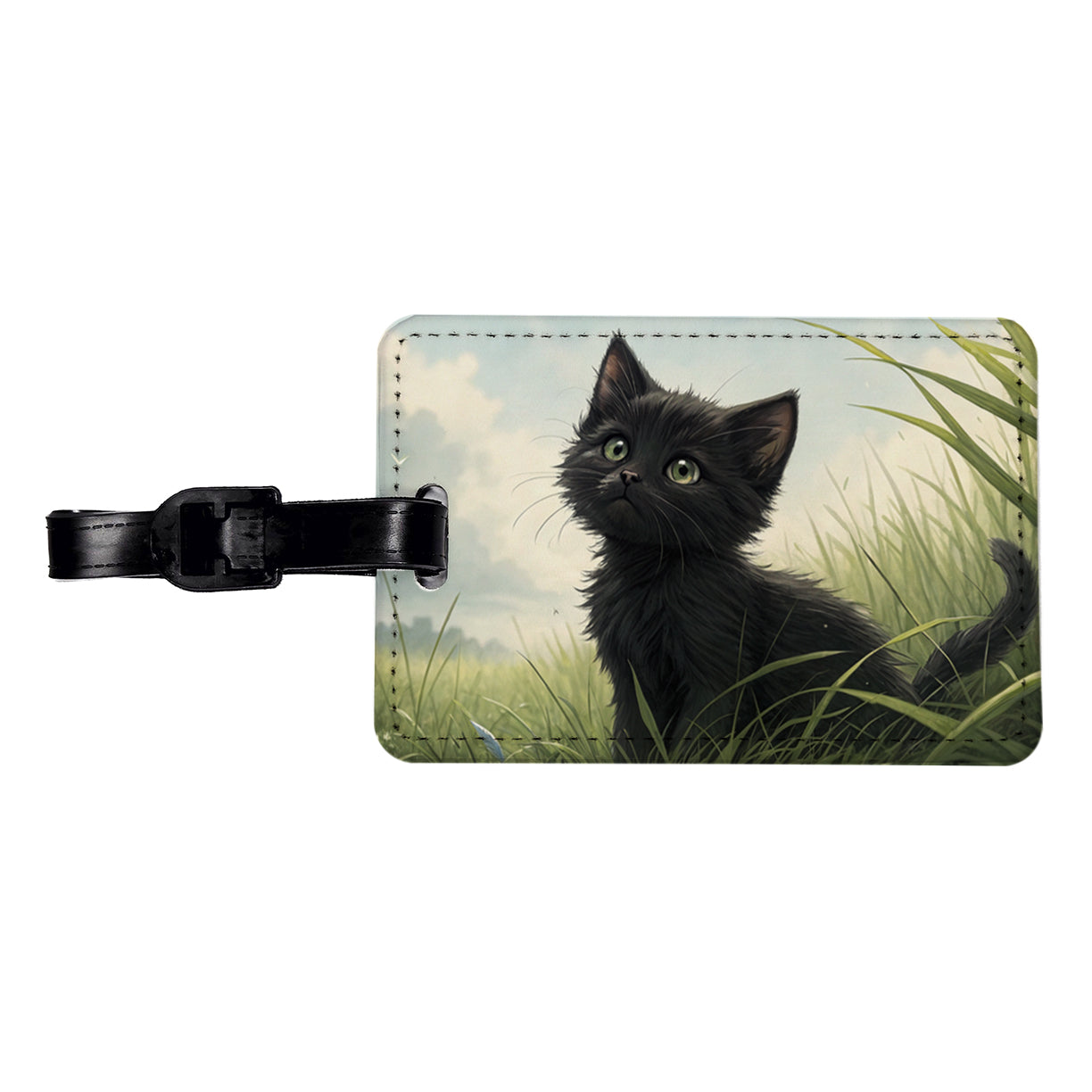 Black Kitten Cat in Field Travel Faux Leather Luggage Tag