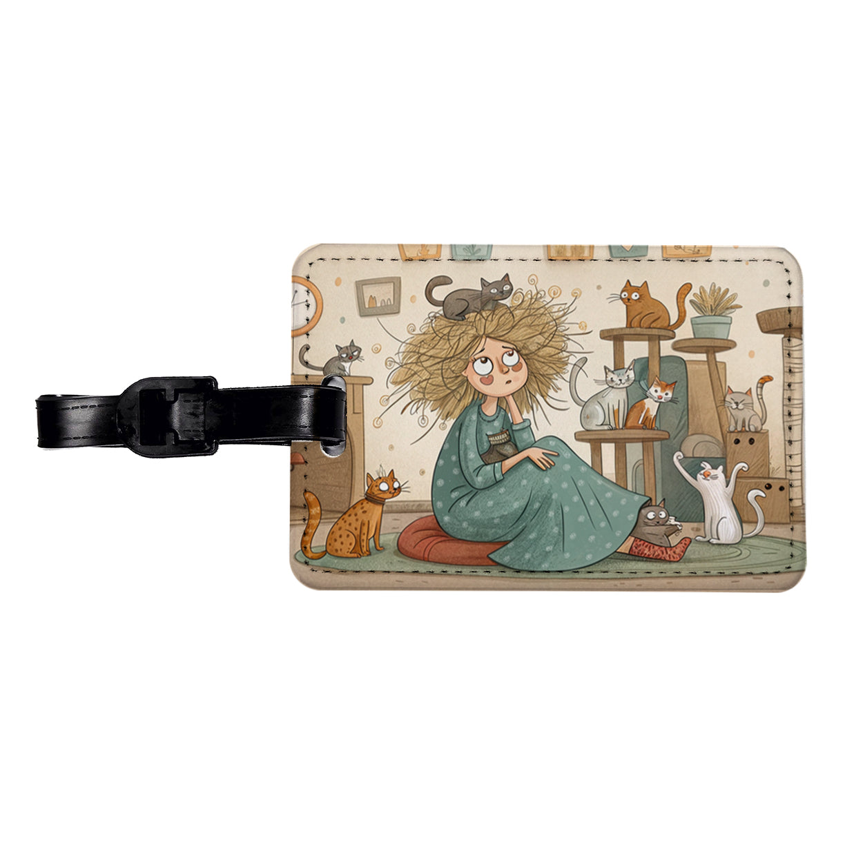 Cartoon of Crazy Cat Lady Home Travel Faux Leather Luggage Tag