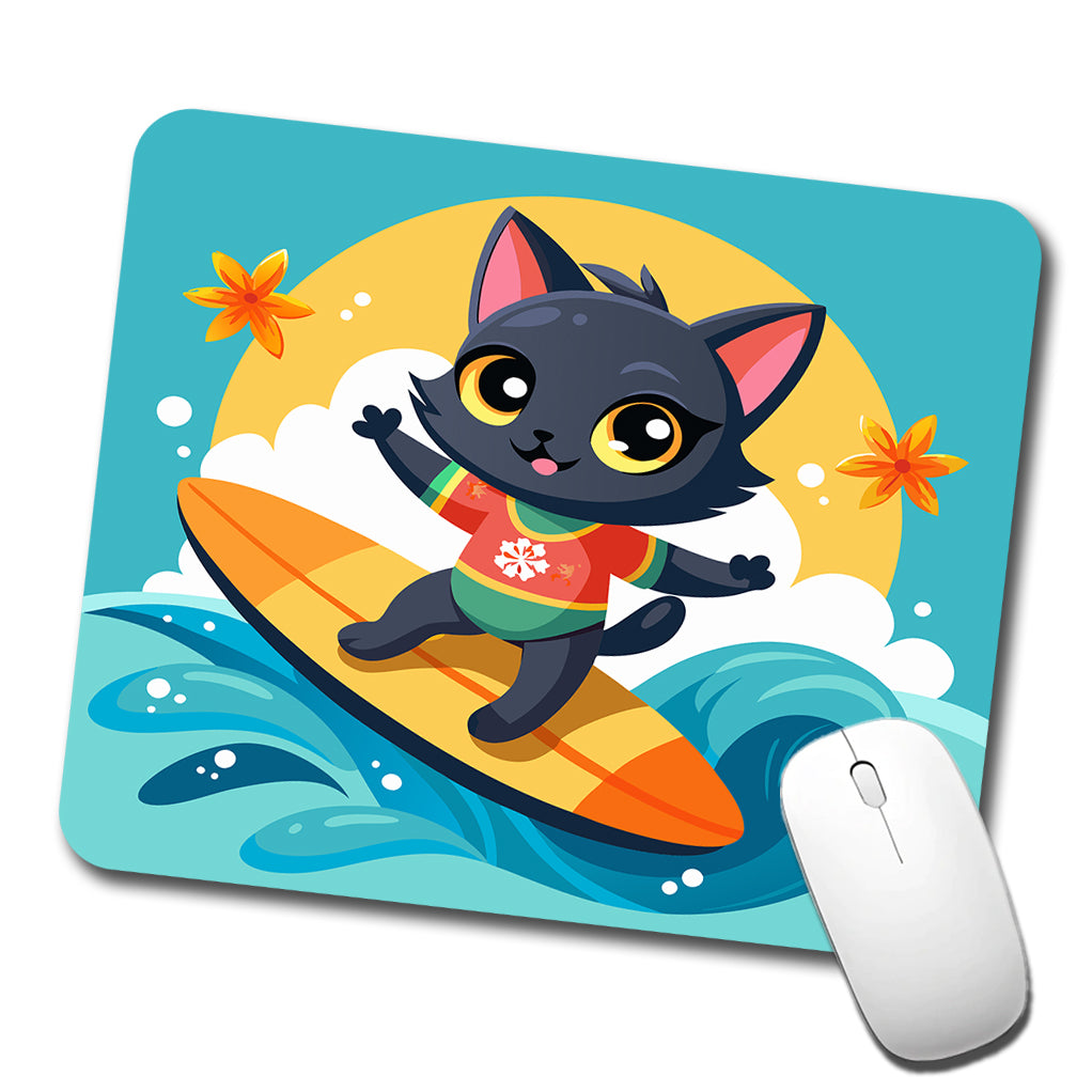 Black Cat Kitty Girl Surfing Low Profile Mouse Pad Mat
