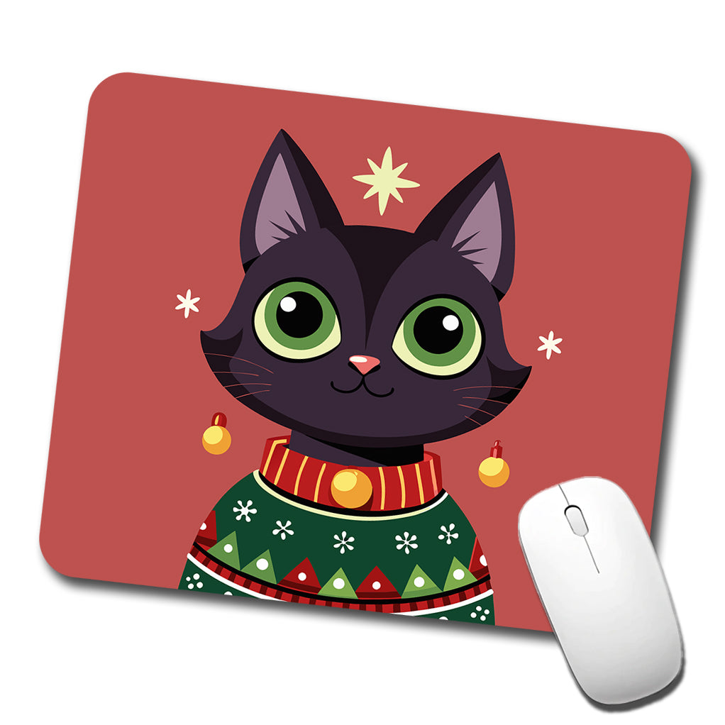 Black Cat Wearing Christmas Sweater Low Profile Mouse Pad Mat