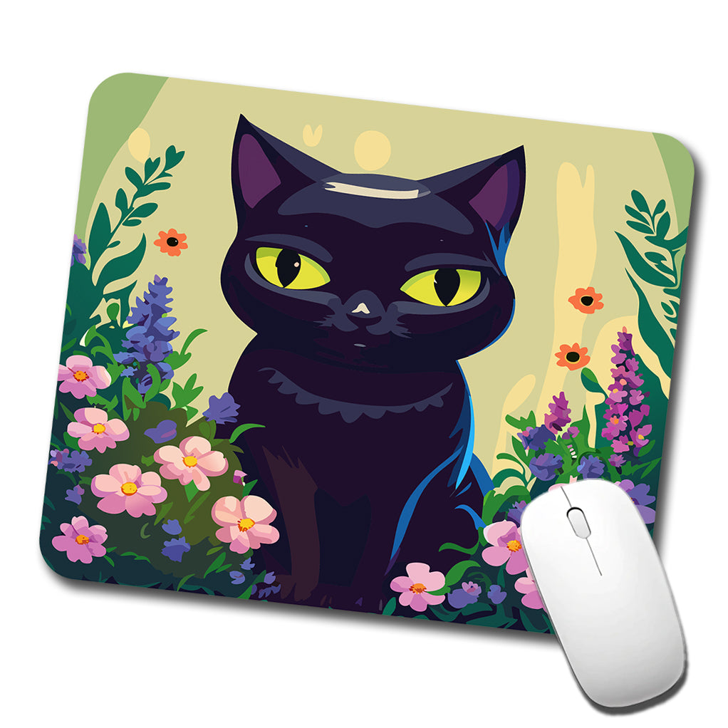 Black White Cat in Flower Garden Low Profile Mouse Pad Mat