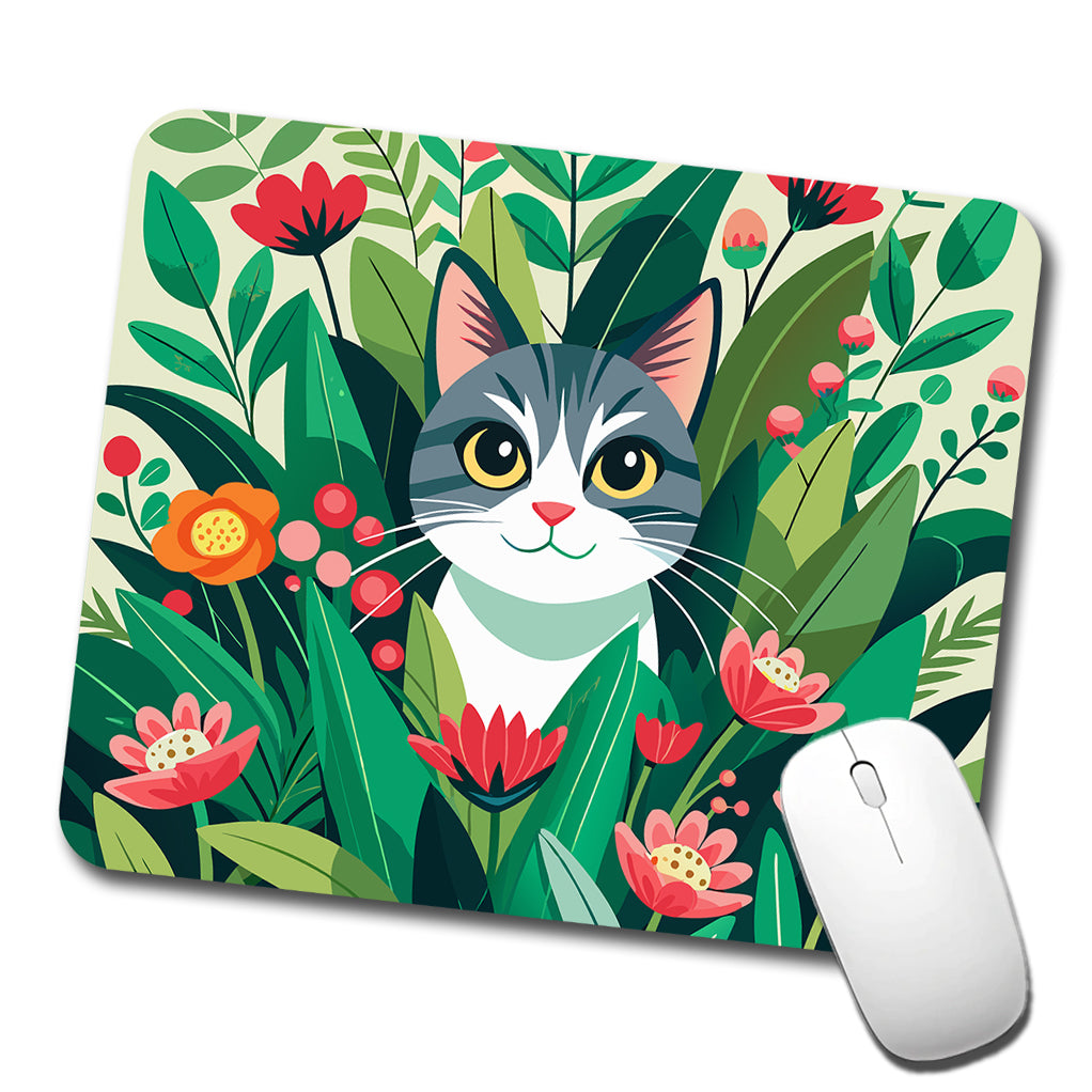 Cat Hiding in Flower Garden Low Profile Mouse Pad Mat