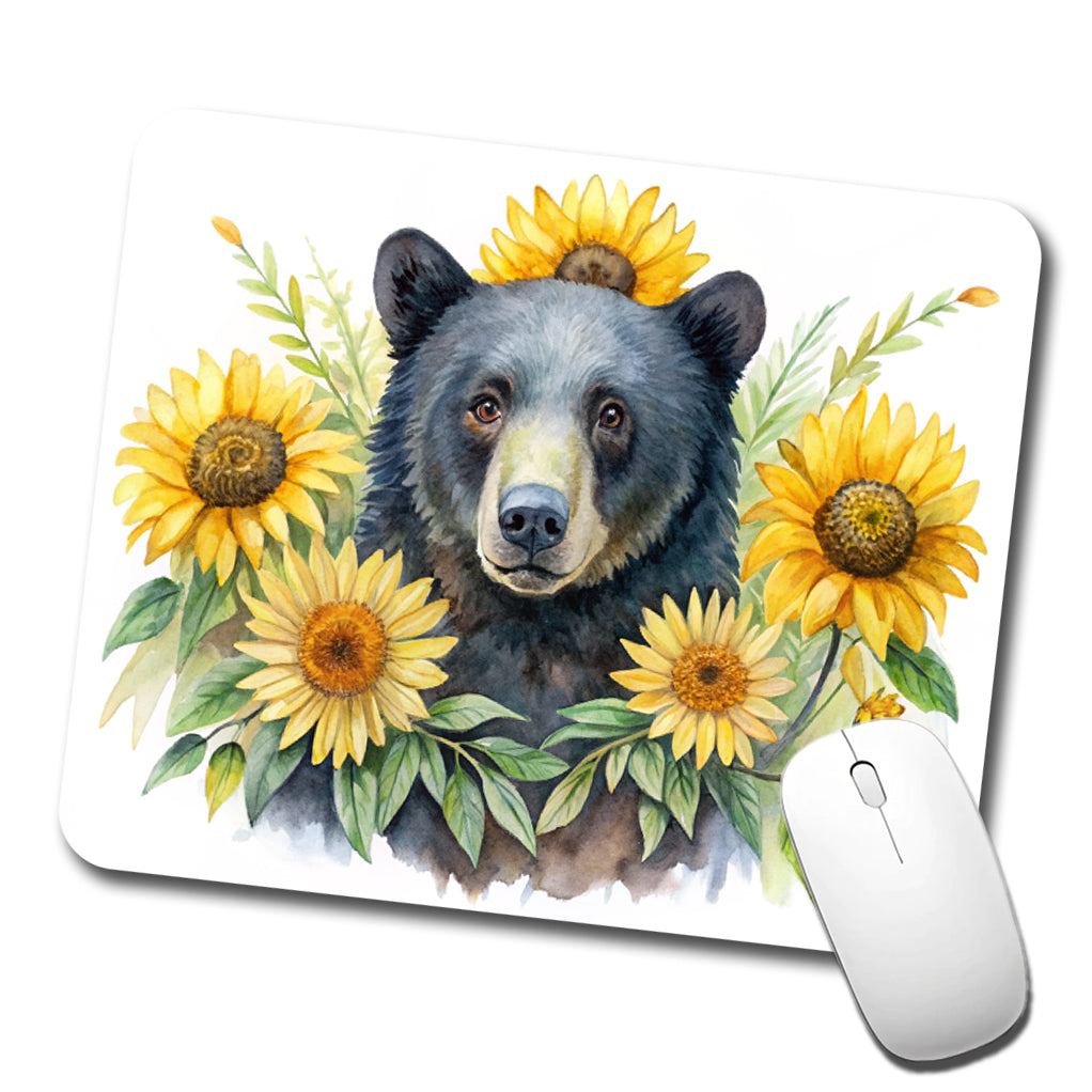 Black Bear Watercolor Design With Sunflowers Low Profile Mouse Pad Mat