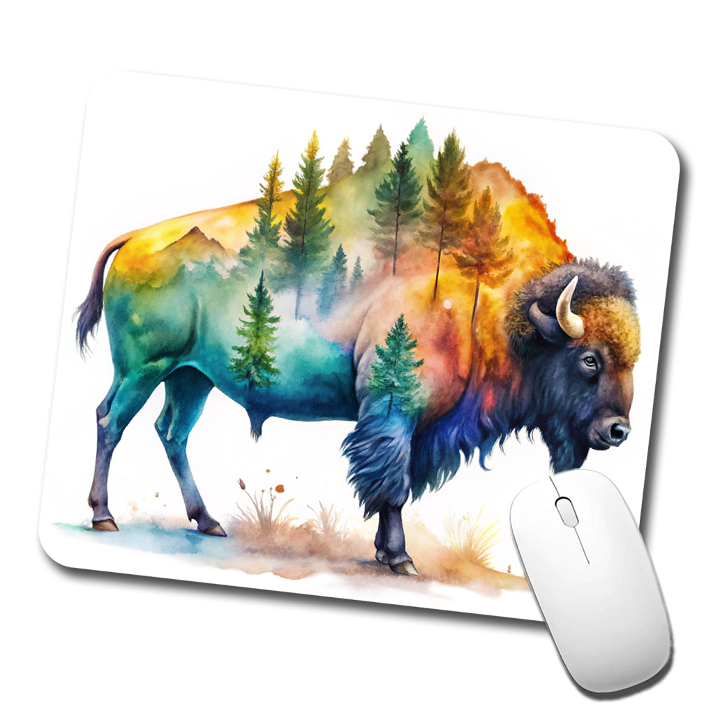 Buffalo In Forest Watercolor Design Low Profile Mouse Pad Mat