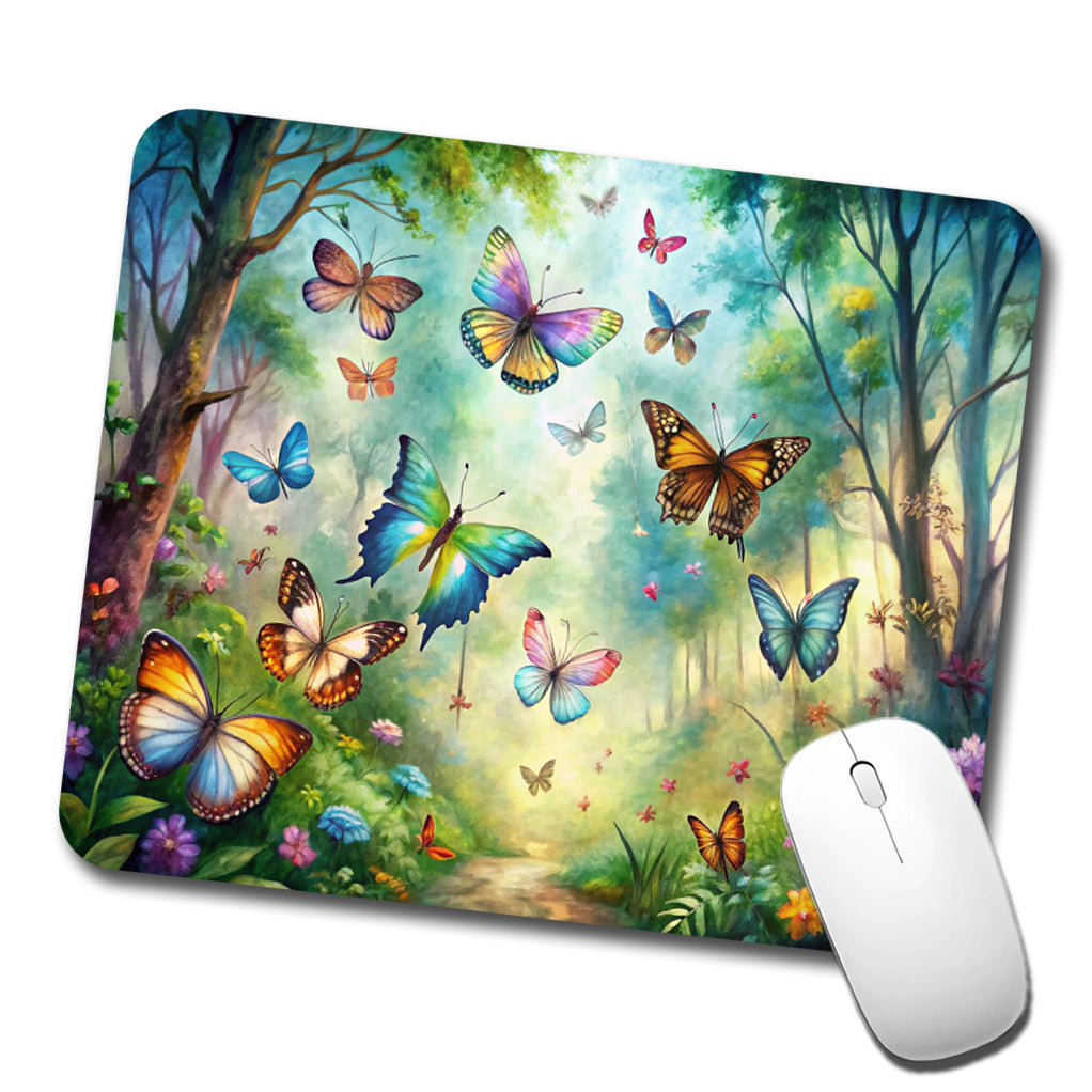 Butterflies In Forest Fantasy Watercolor Low Profile Mouse Pad Mat
