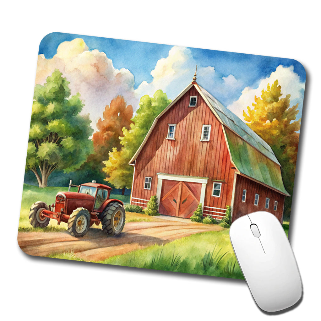 Classic Barn Tractor Watercolor Design Low Profile Mouse Pad Mat