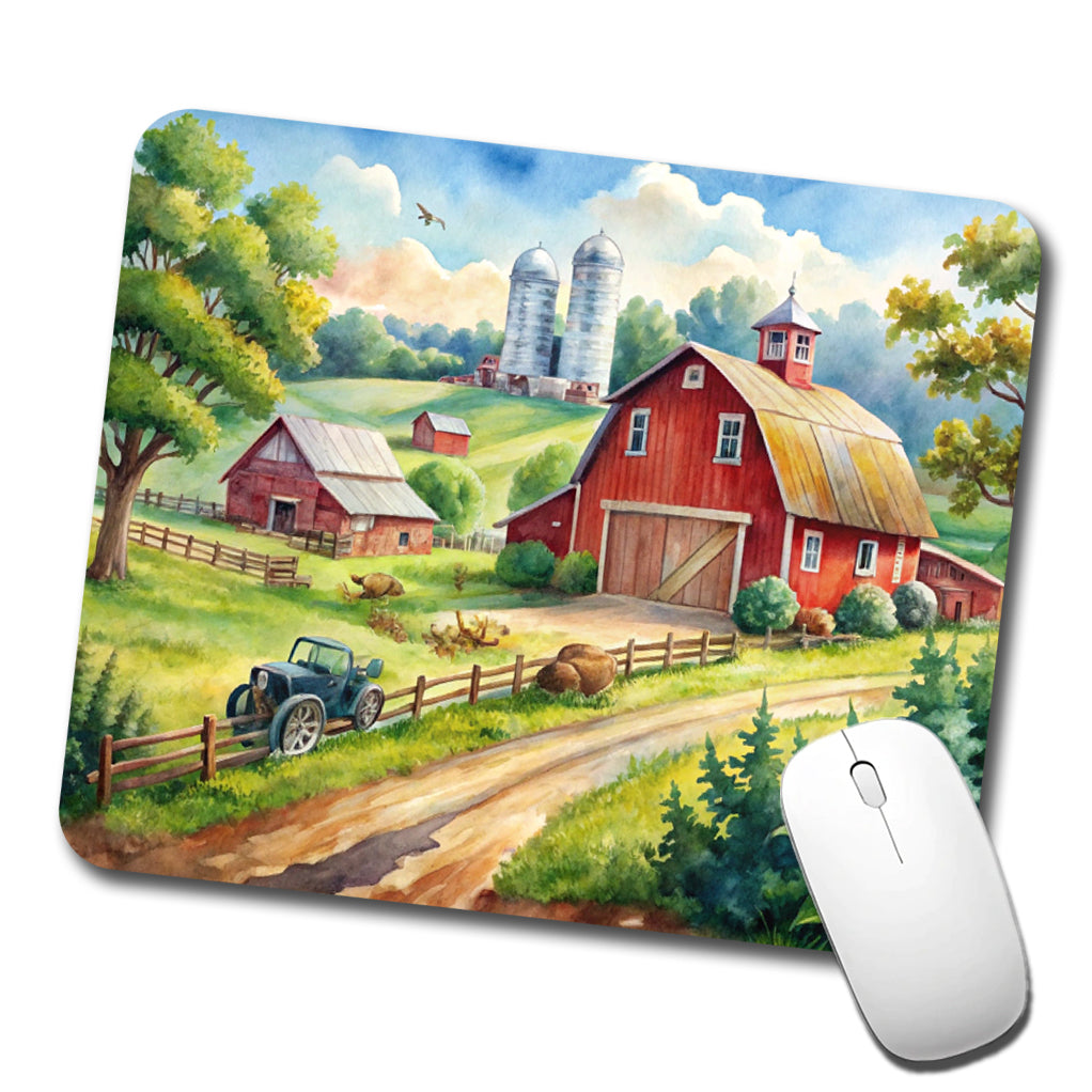 Classic Farm Watercolor Design Low Profile Mouse Pad Mat