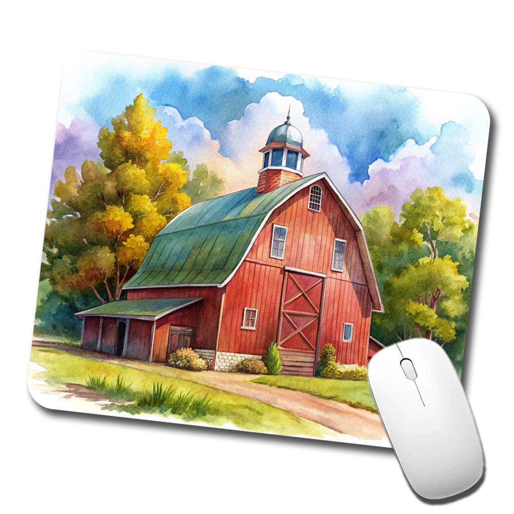 Classic Red Barn Watercolor Low Profile Mouse Pad Mat