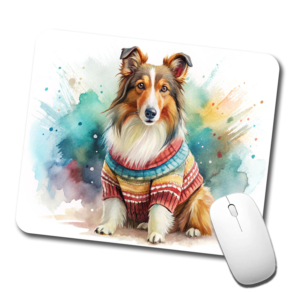 Collie Dog Wearing A Sweater Watercolor Low Profile Mouse Pad Mat