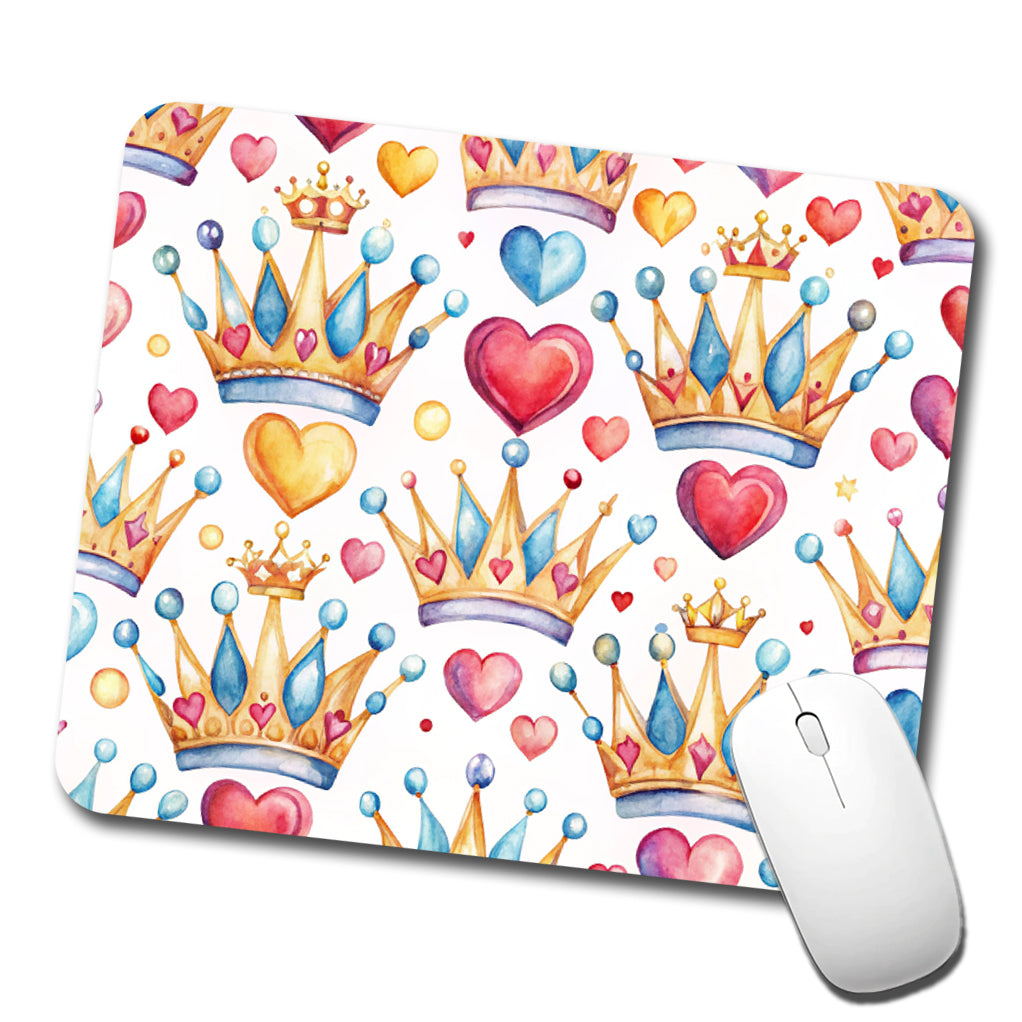 Crowns Royalty Tiaras Hearts Watercolor Low Profile Mouse Pad Mat