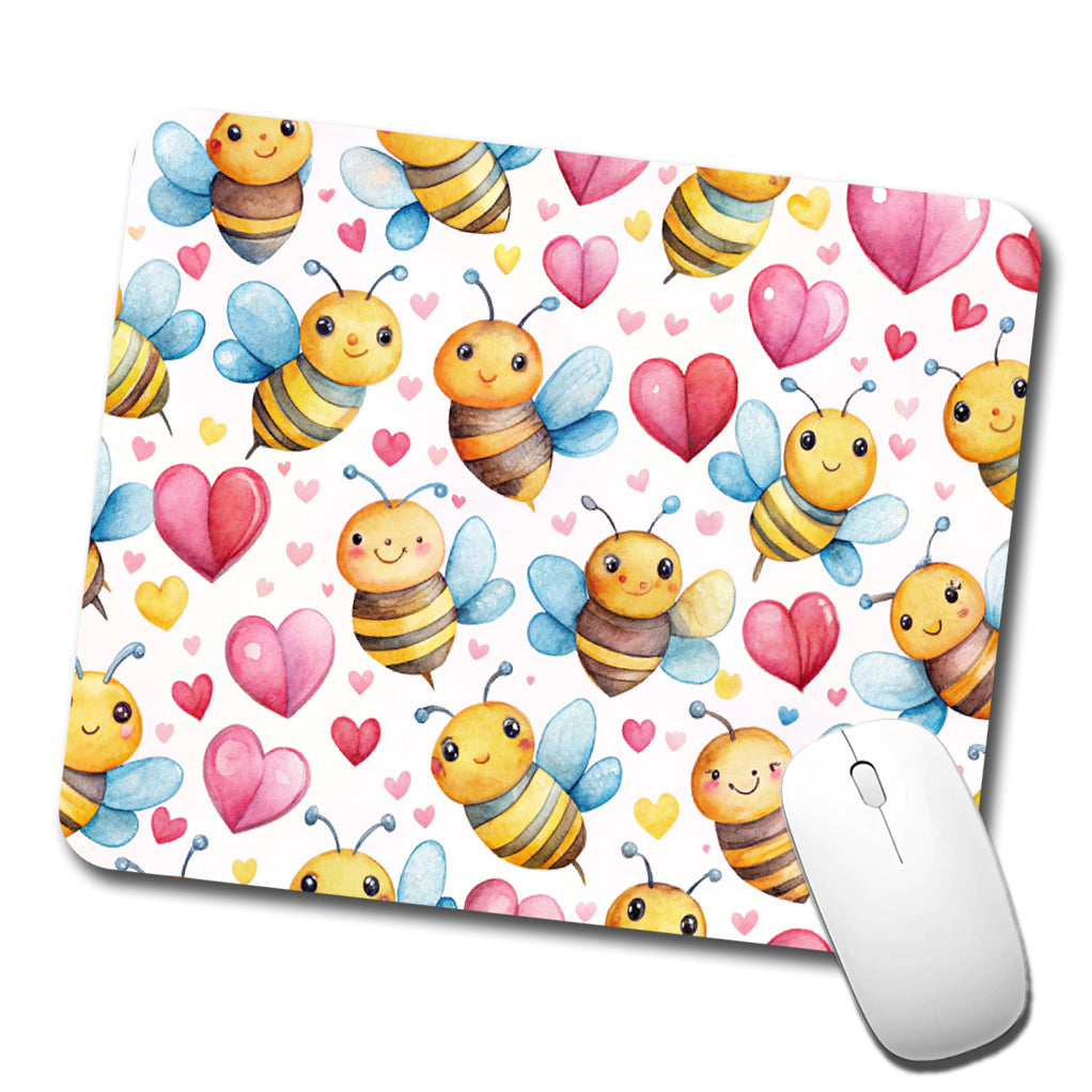 Cute Bees Hearts Watercolor Low Profile Mouse Pad Mat