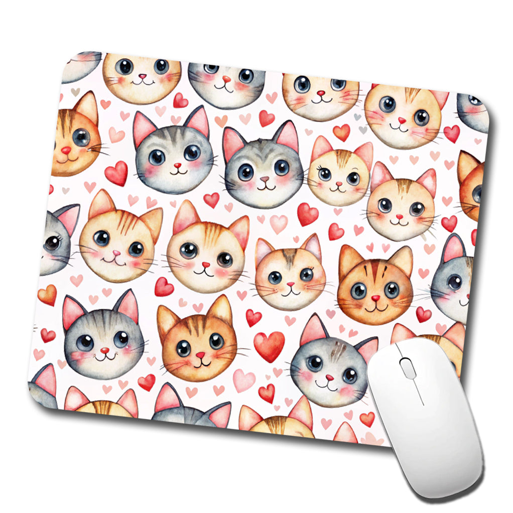 Cute Cat Faces Hearts Watercolor Low Profile Mouse Pad Mat