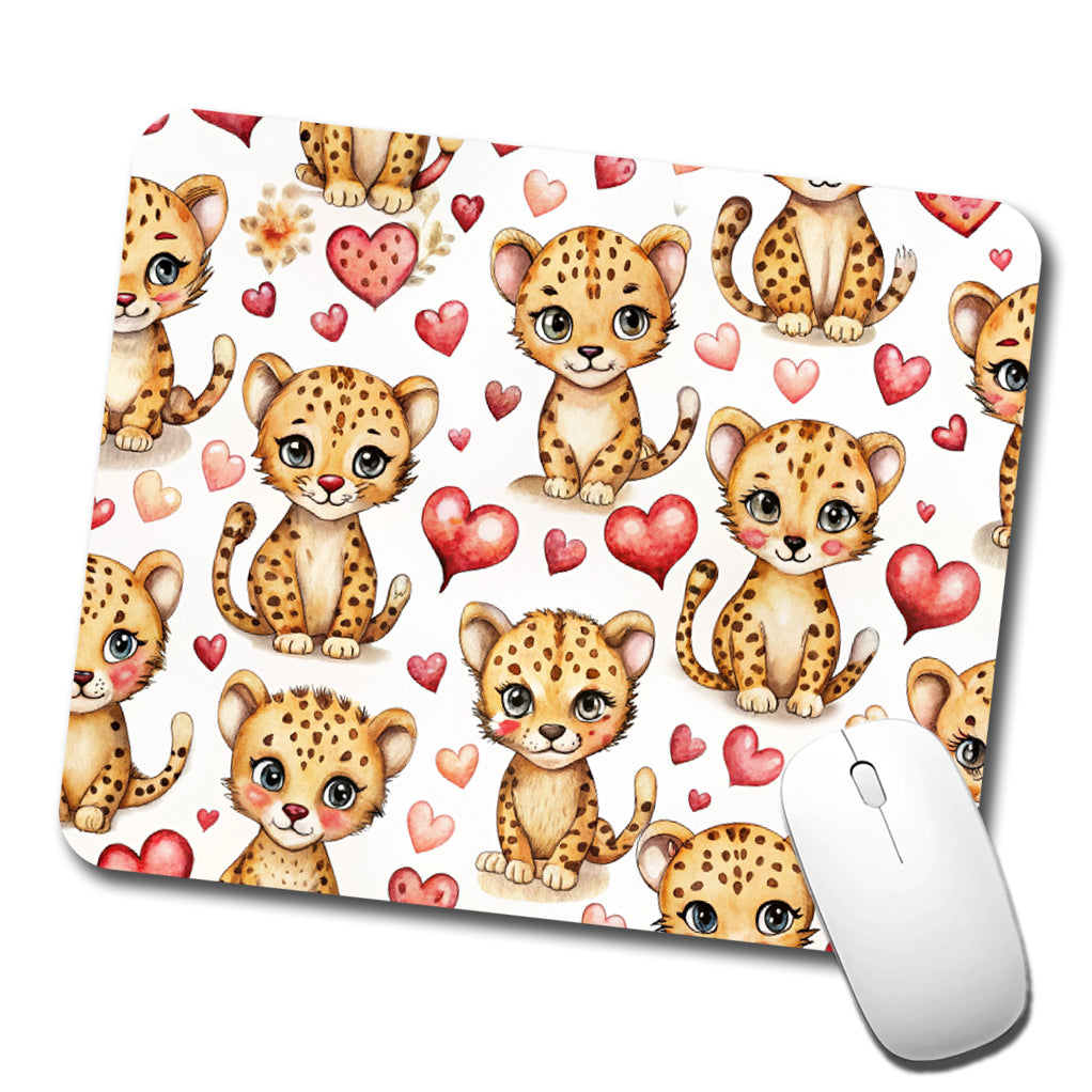 Cute Cheetahs Hearts Watercolor Low Profile Mouse Pad Mat