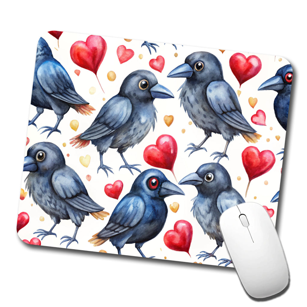 Cute Crows Hearts Watercolor Low Profile Mouse Pad Mat
