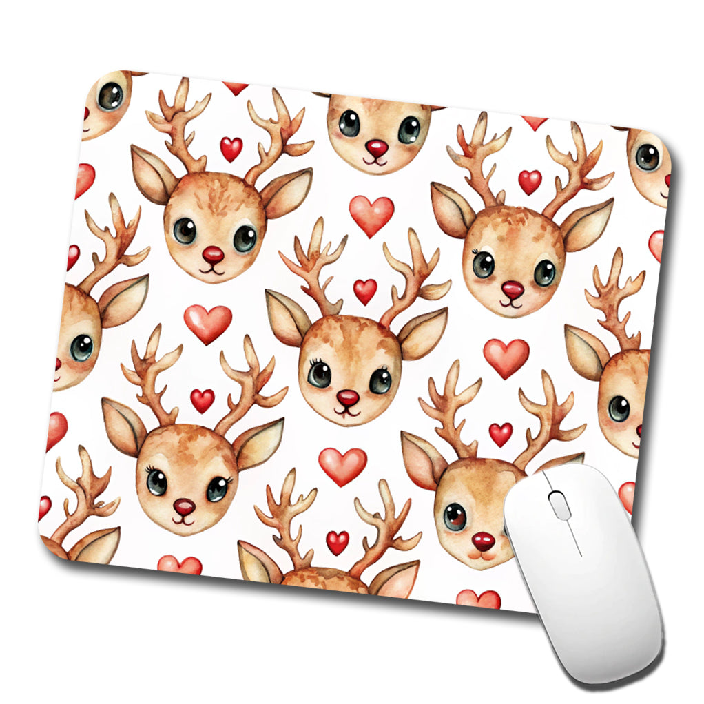 Cute Deer Faces Hearts Watercolor Low Profile Mouse Pad Mat