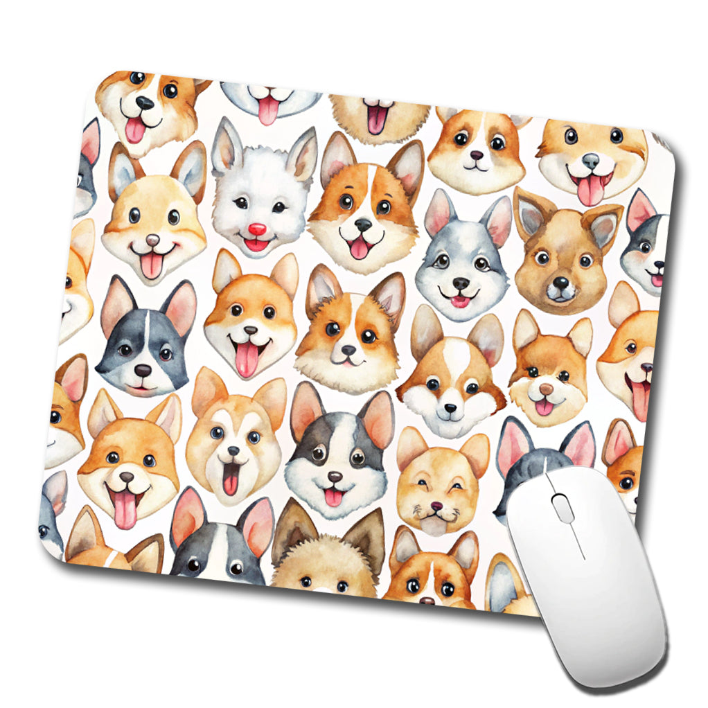 Cute Dog Faces Watercolor Low Profile Mouse Pad Mat