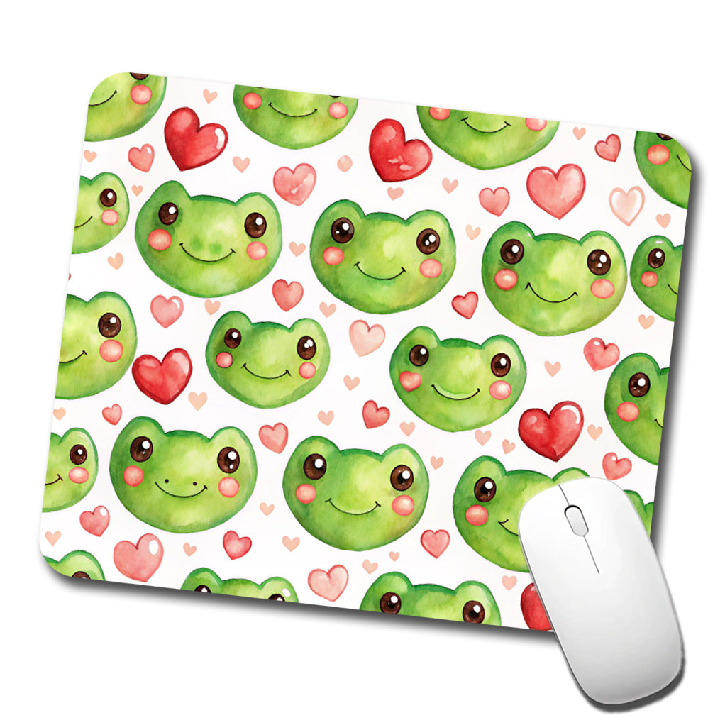 Cute Frog Faces Hearts Watercolor Low Profile Mouse Pad Mat
