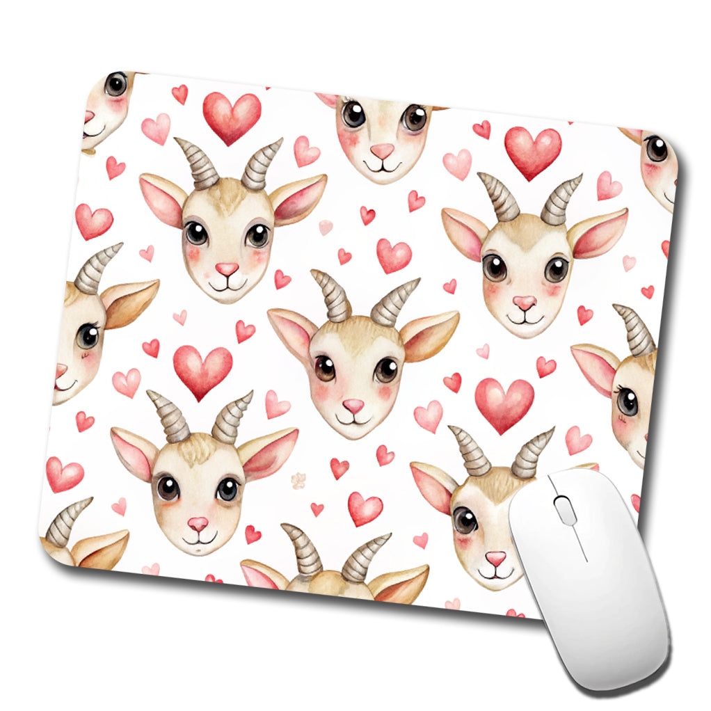 Cute Goat Faces Hearts Watercolor Low Profile Mouse Pad Mat