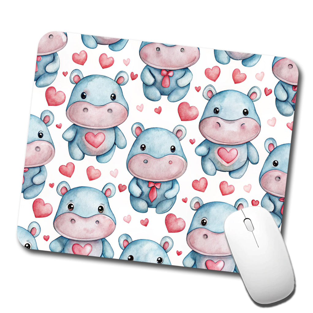 Cute Hippopotamus Hearts Watercolor Low Profile Mouse Pad Mat