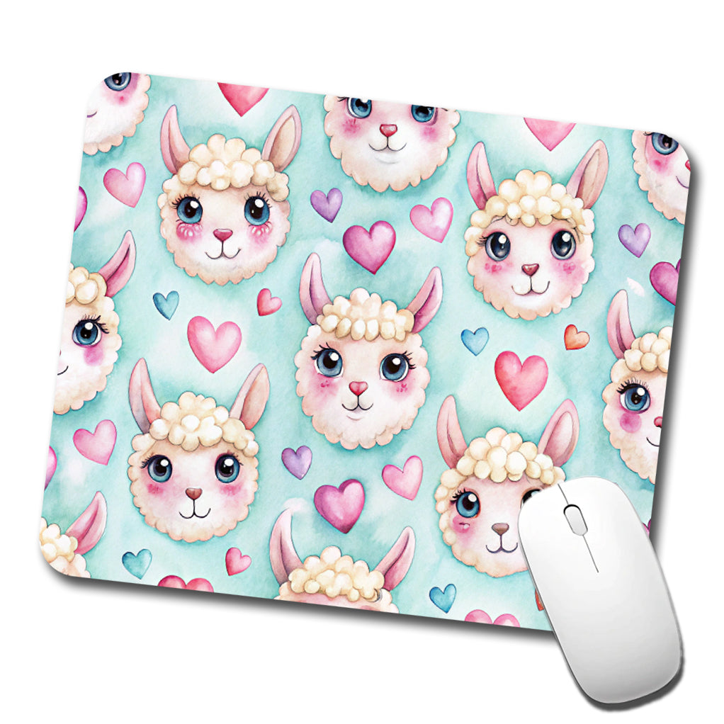 Cute Llama Faces Hearts Watercolor Low Profile Mouse Pad Mat