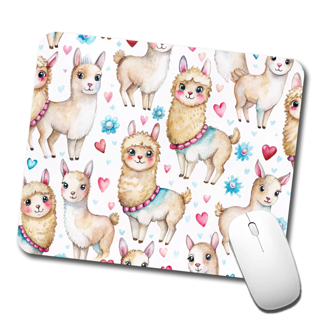 Cute Llamas Hearts Watercolor Low Profile Mouse Pad Mat