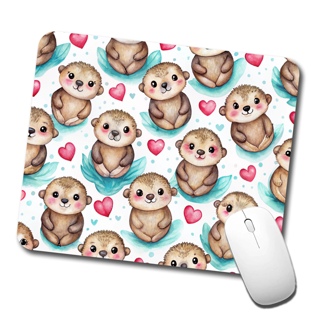 Cute Otters Hearts Watercolor Low Profile Mouse Pad Mat