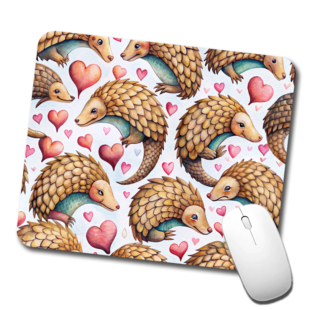 Cute Pangolin Hearts Watercolor Low Profile Mouse Pad Mat