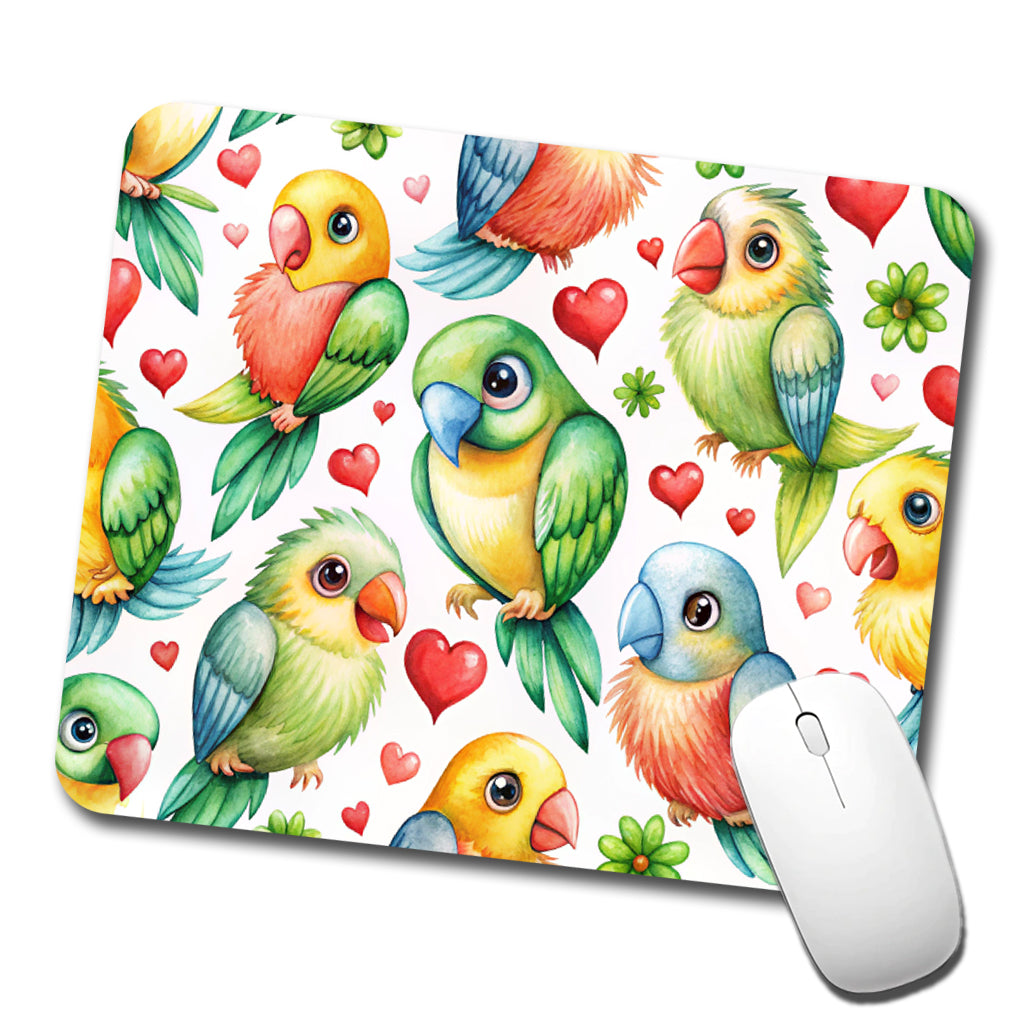 Cute Parrots Hearts Watercolor Low Profile Mouse Pad Mat