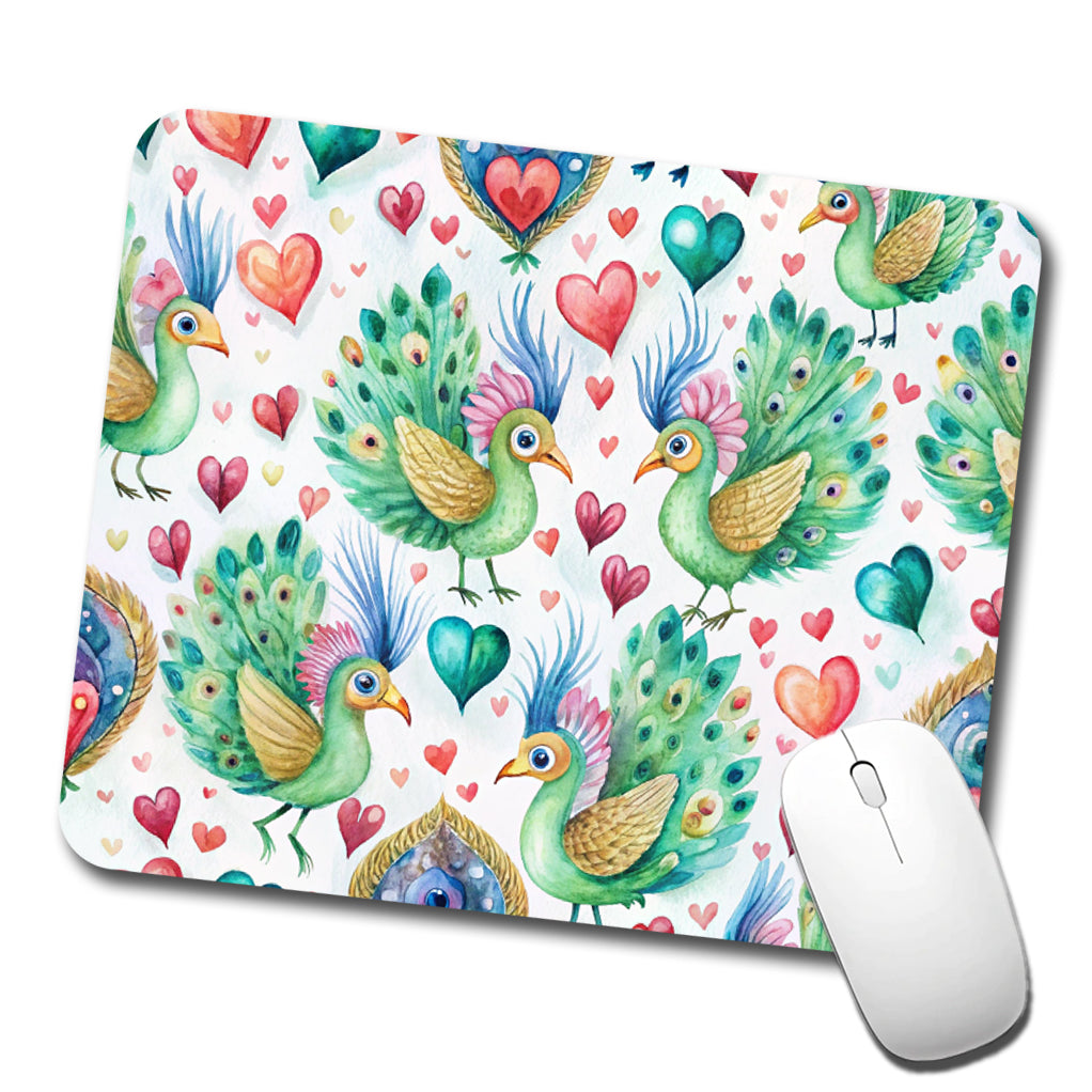 Cute Peacocks Hearts Watercolor Low Profile Mouse Pad Mat