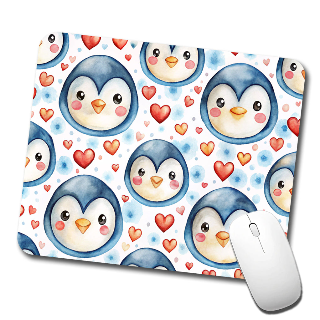 Cute Penguin Faces Hearts Watercolor Low Profile Mouse Pad Mat
