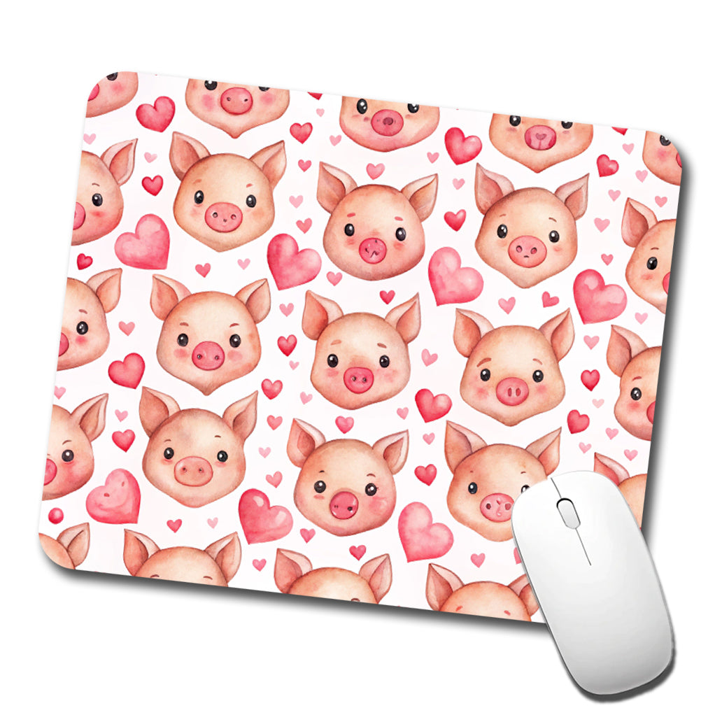 Cute Pig Faces Hearts Watercolor Low Profile Mouse Pad Mat