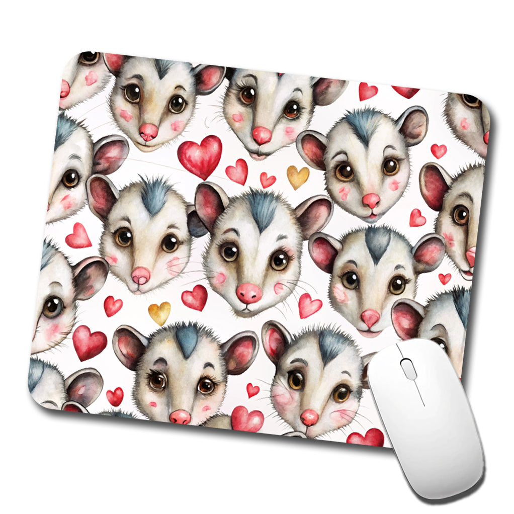 Cute Possum Faces Hearts Watercolor Low Profile Mouse Pad Mat