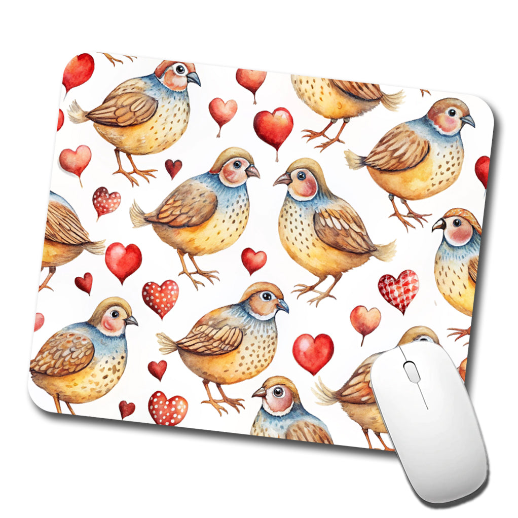 Cute Quails Hearts Watercolor Low Profile Mouse Pad Mat