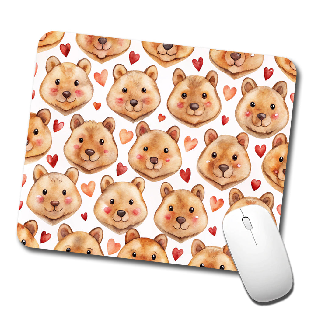 Cute Quokka Faces Hearts Watercolor Low Profile Mouse Pad Mat